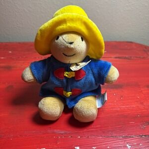 Vintage Eden Paddington Bear Plush Yellow Hat Blue Coat‎ Red Accents Stuffed Toy